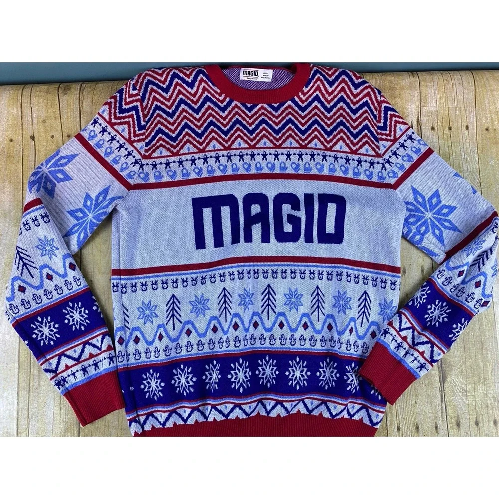 Magid Safety Ugly Christmas Sweater Unisex Size Large Holiday‎ Sweater Red Blue